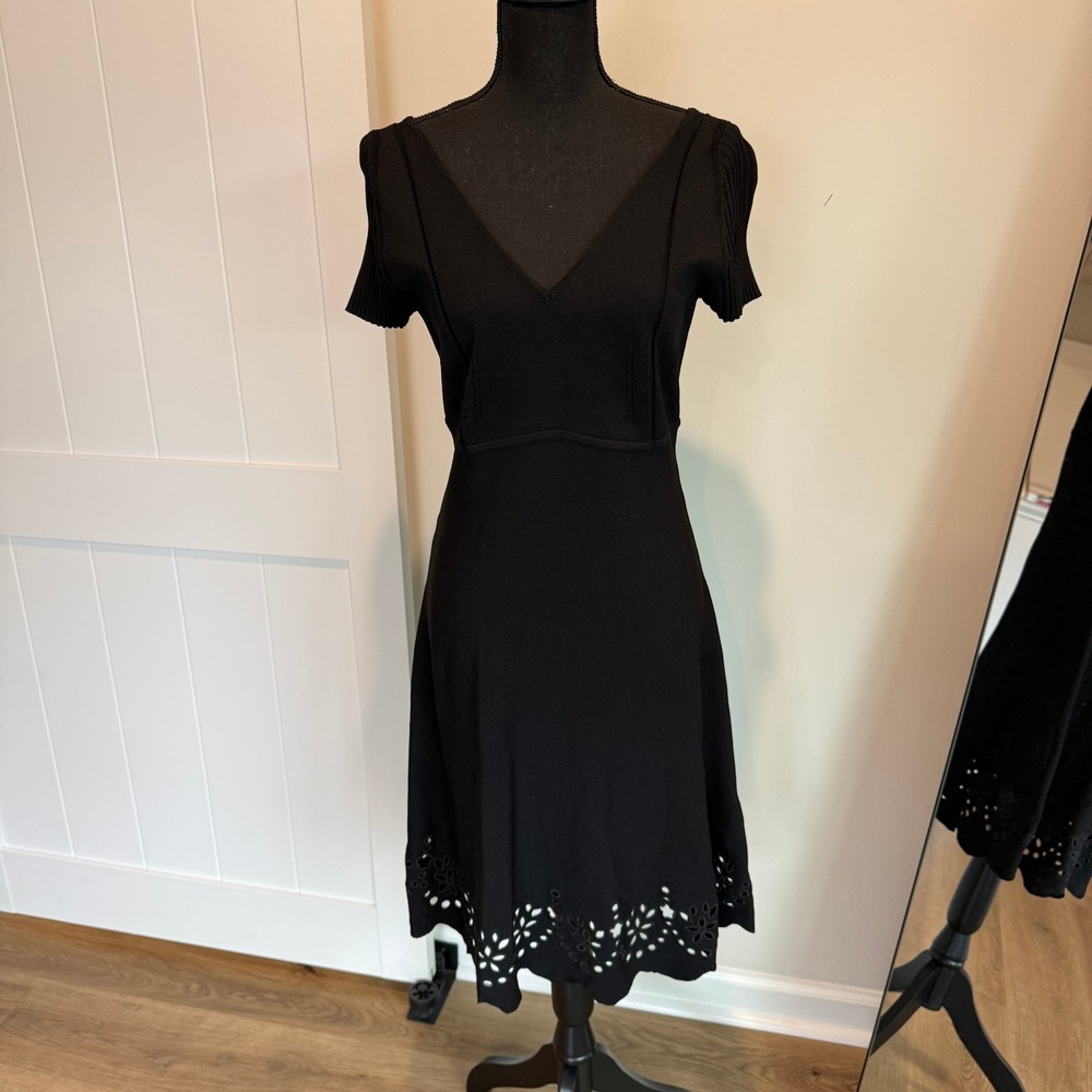 RED Valentino Black Knit Eyelet Hem V-Neck Fit Flare Dress L
